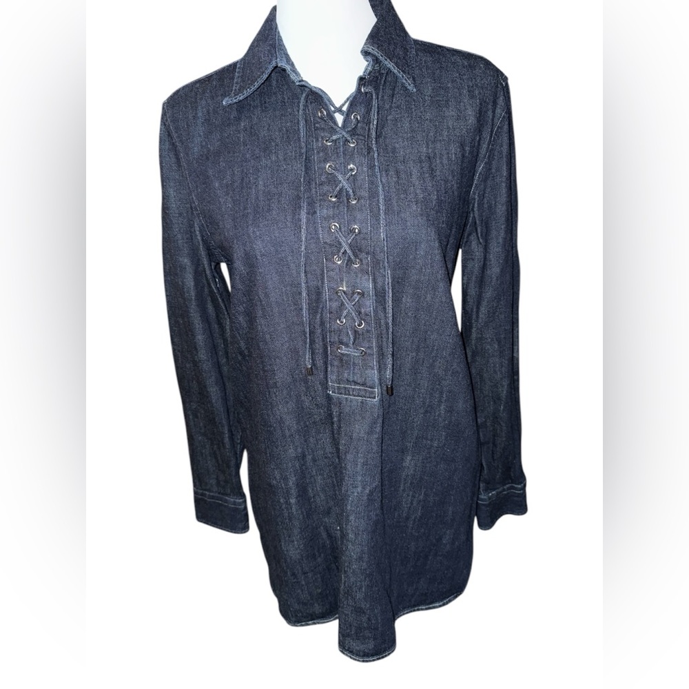 Lauren Ralph Lauren | Dark Wash Denim Long Sleeve Tunic Top Lace Up Tie Size S